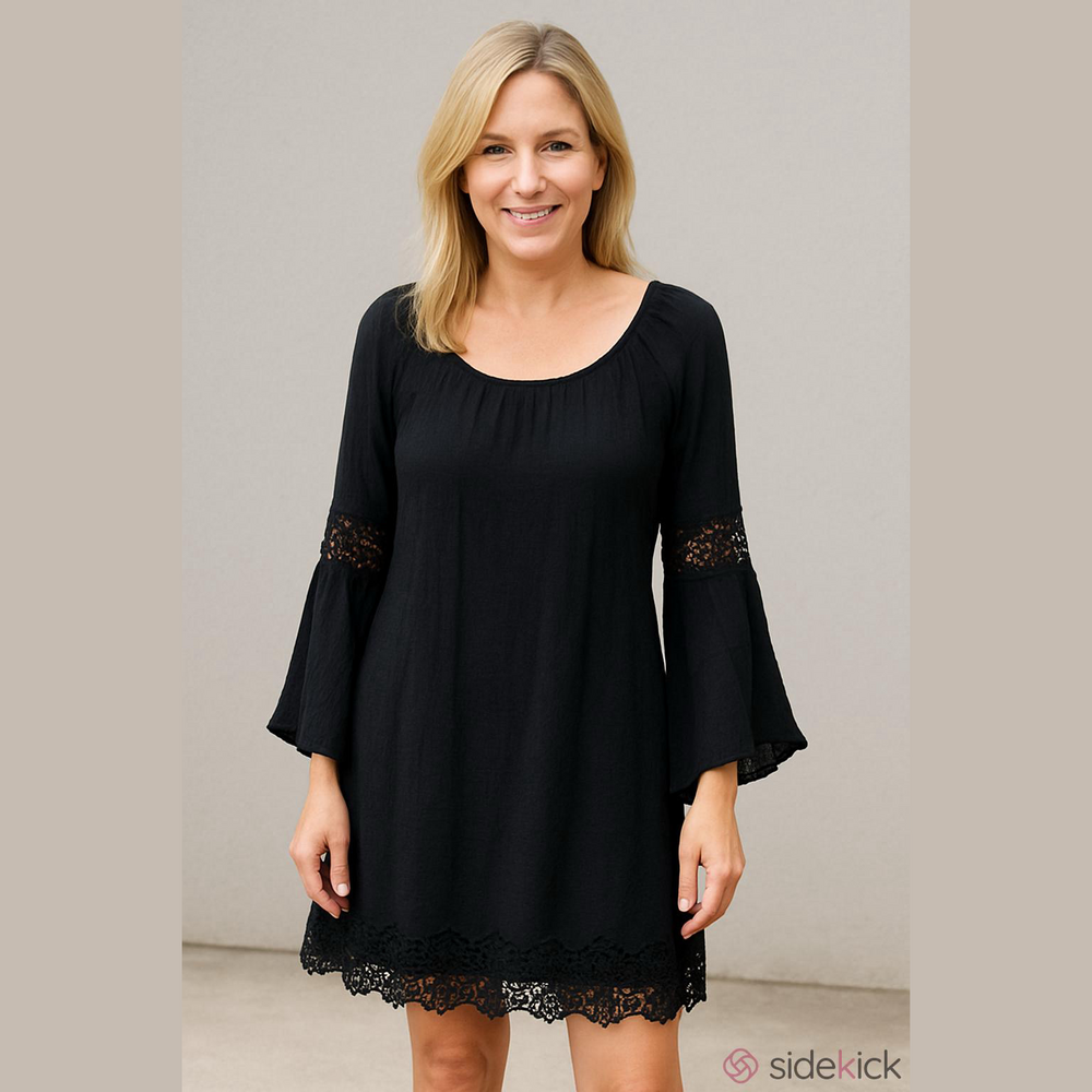 Wrangler Black Boho Mini Dress Bell Sleeve Lace Hem Small - Picture 2 of 11